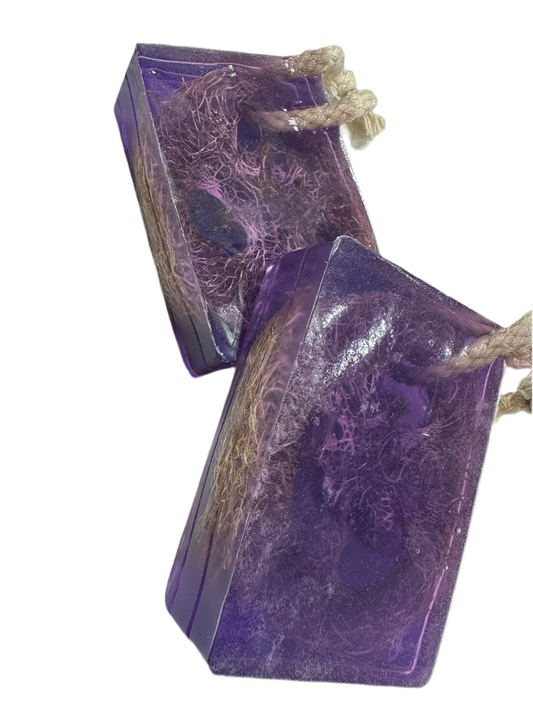 Lavender Scented Loofah Scrub Handmade Soap Bar - hanging cord
