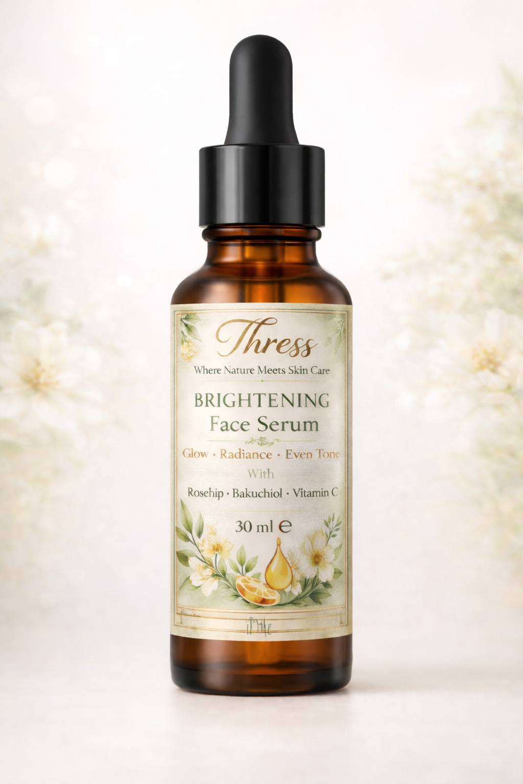 Thress Brightening Face Serum,
Glow • Radiance • Even Tone
Reveal your most radiant skin with our luxurious Thress Brightening Face Serum — a carefully crafted blend where nature meets effective skincare.
Infused with powerful botanicals like Rosehip
