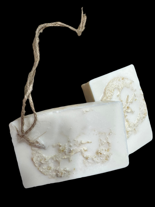 Oatmeal and Shea Butter Loofah Scrub Handmade Soap Bar - hanging cord