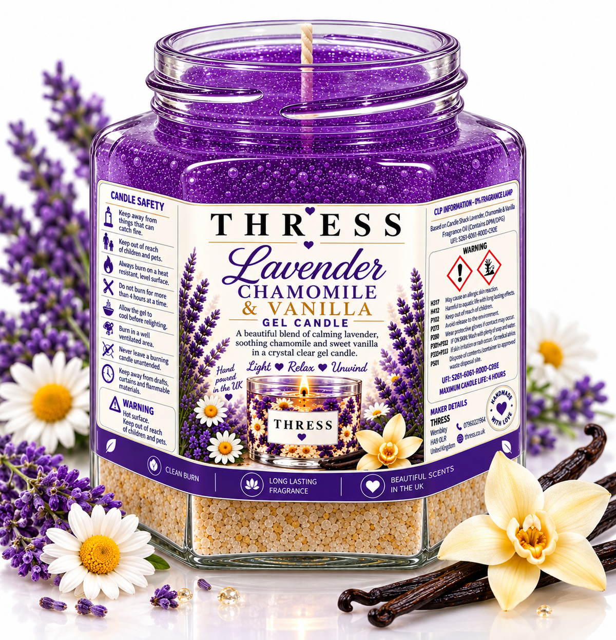 THRESS Lavender, Chamomile & Vanilla Scented Gel Candle 270ml